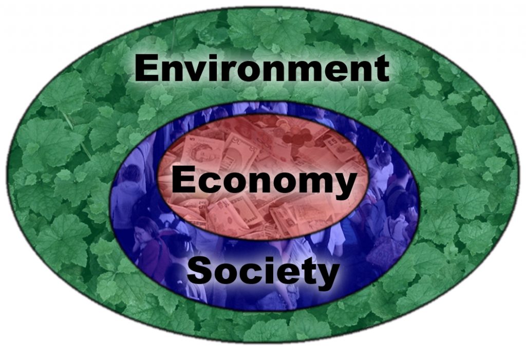 Graphic representation of the three aspects of sustainability, environment, society and economy, as concentric circles. Environment is outermost with society within it and economy within society.