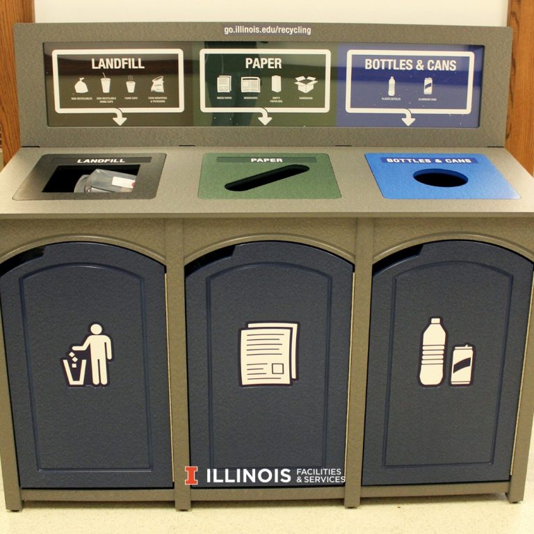 New collection bin station with sections for landfill, mixed paper, and aluminum cans plus bottles