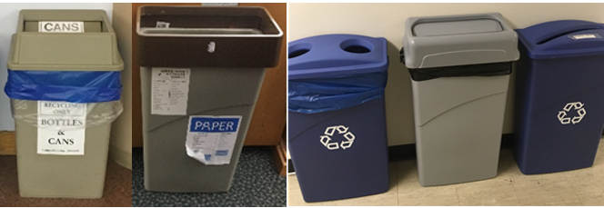 Examples of the variety in size, color and signage of older collection bins on campus.
