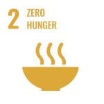 Image of a bowl with steam rising from it. Above the image the number 2 and the words "zero hunger" appear.