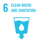 An icon suggesting a glass with water in it, with an arrow pointing downward and a droplet inside the glass. Above the image the number 6 and the words "Clean Water and Sanitation" appear.