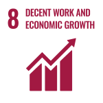An icon of a bar graph with an arrow showing increases from left to right. Above the icon the number 8 and the words "Decent Work and Economic Growth" appear.