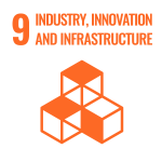 And icon of three stacked cubes with the number 9 and words "Industry, Innovation, and Infrastructure."