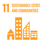 Stylized building icons with the number 11 and the words "Sustainable Cities and Communities."