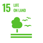 Two lines representing land with a stylized tree and birds above them. Above the image the number 15 and the words "Life on Land" appear.
